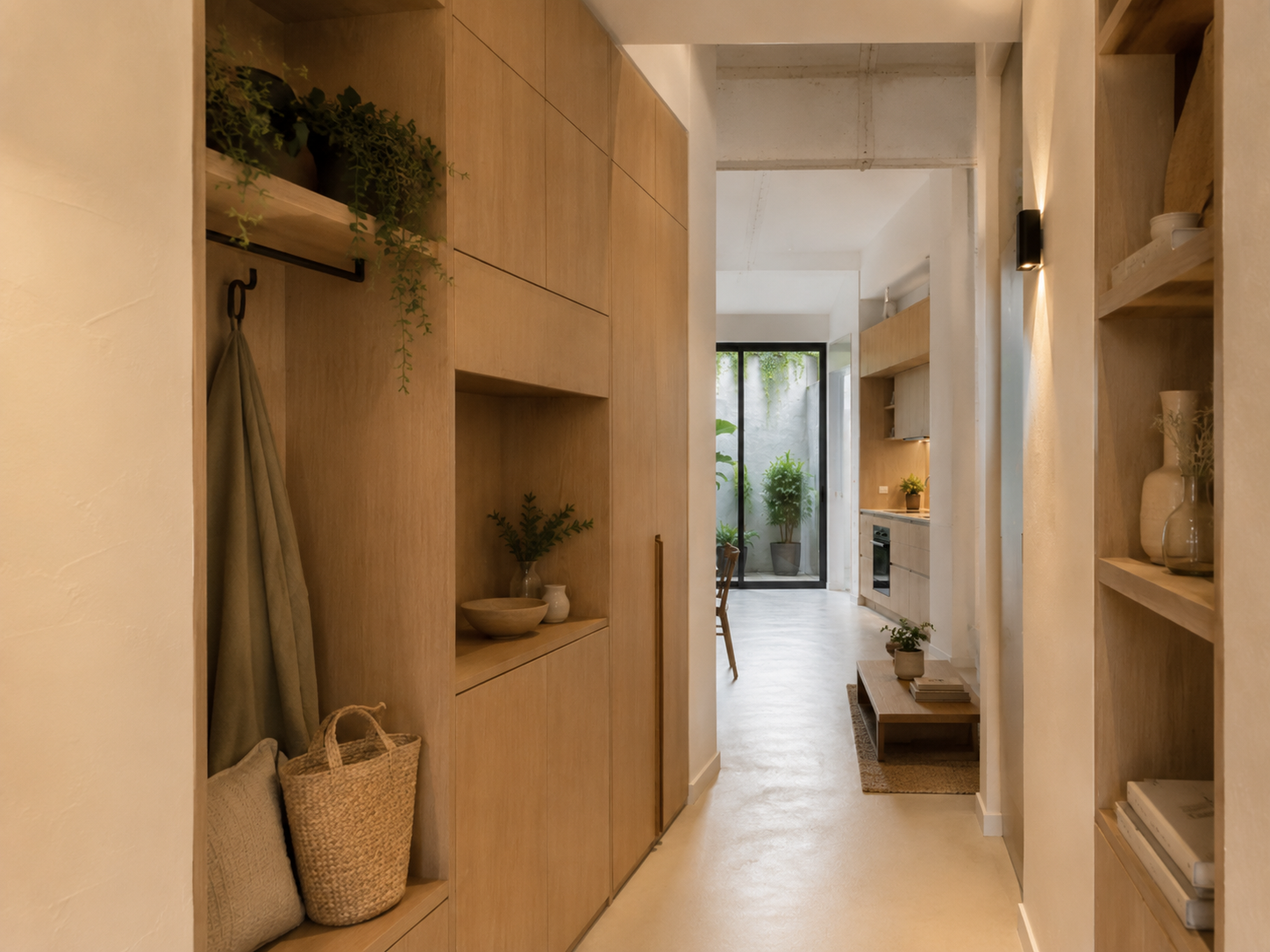 Pasillo con armarios de madera en una vivienda reformada en Madrid
