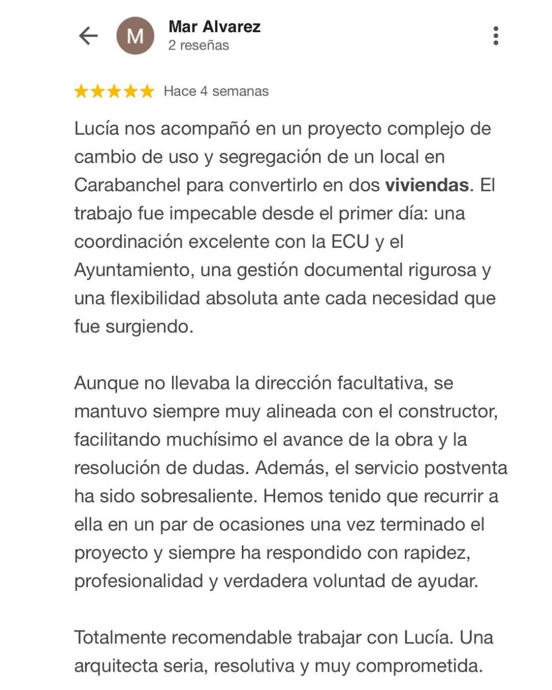 Reseña 5 estrellas en Google de una clienta de MetArquitecta