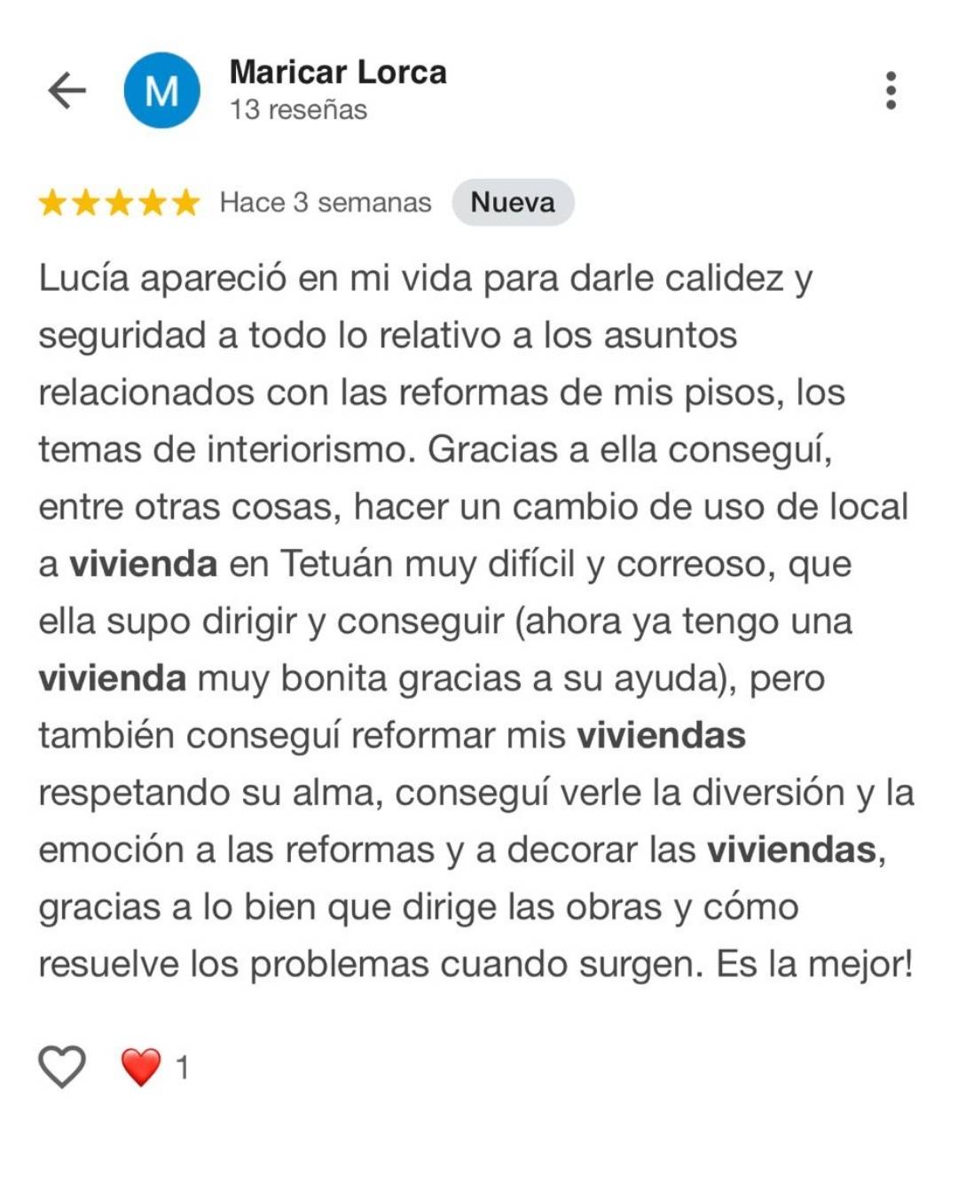 Reseña 5 estrellas en Google de una clienta de MetArquitecta