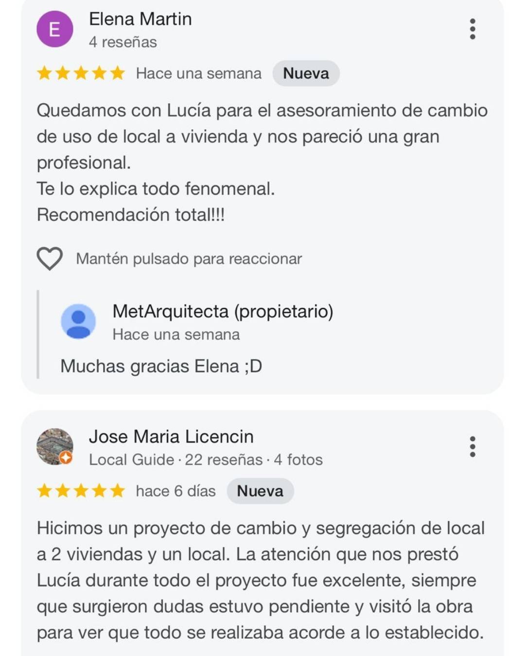 Reseña 5 estrellas en Google de una clienta de MetArquitecta