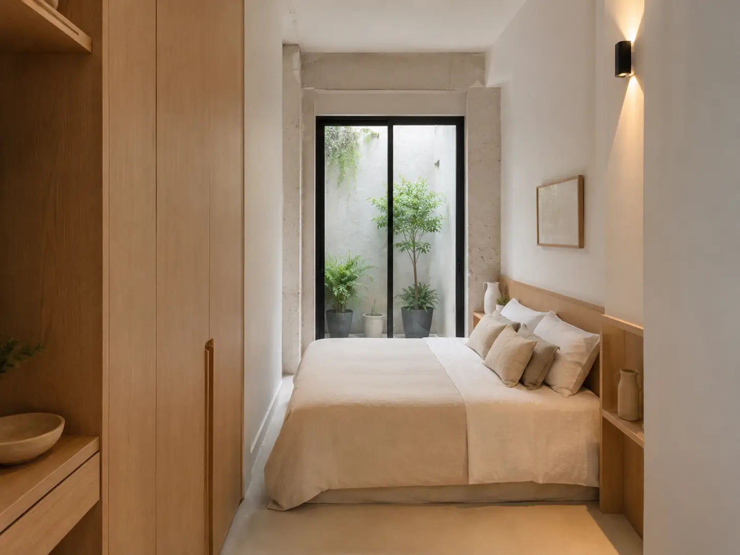 Dormitorio de una vivienda resultante del cambio de uso de un local pequeño en Madrid, con armario a medida y ventana a patio