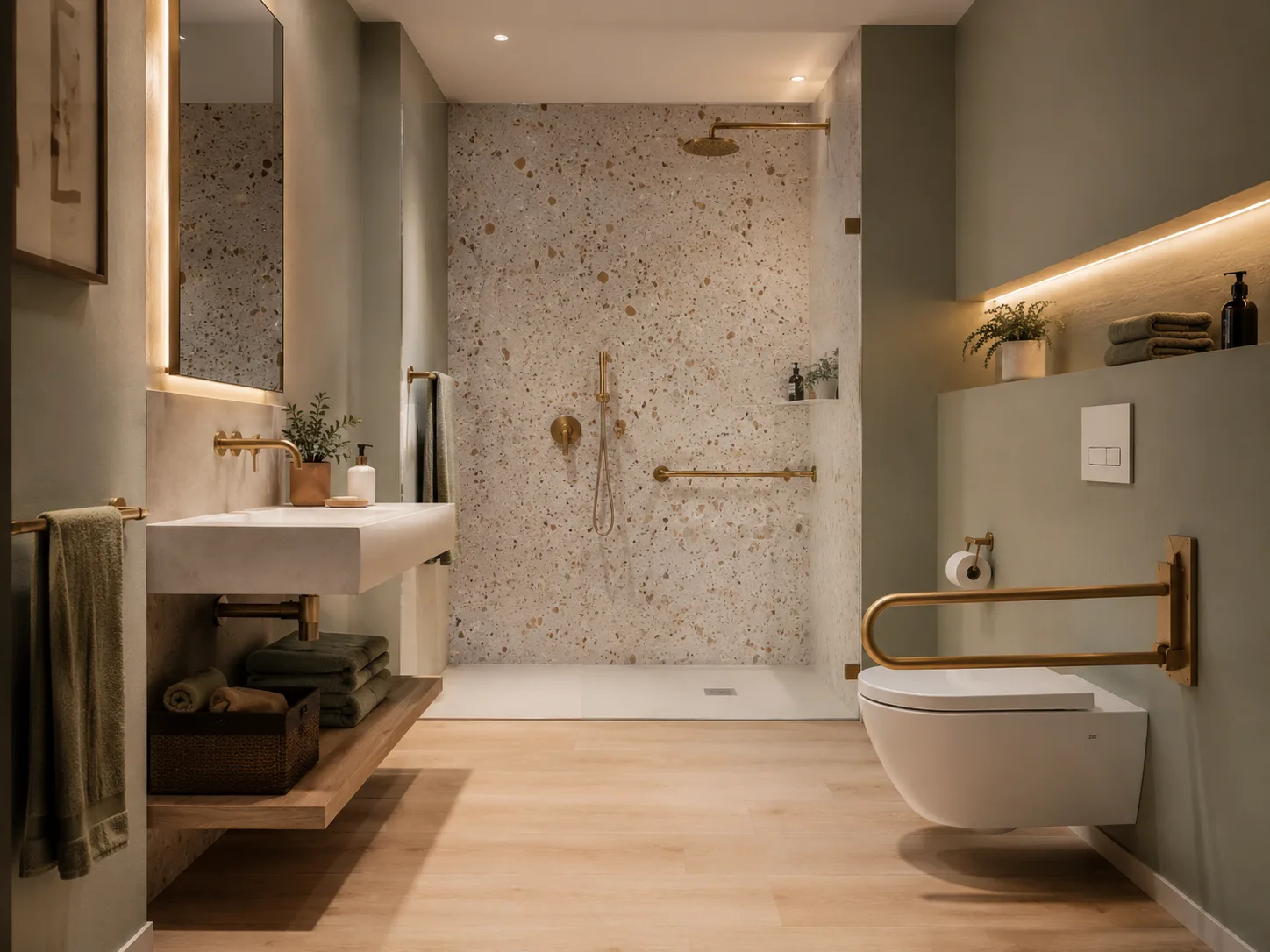 Baño en tonos cálidos con suelo de madera, pared de terrazo con motas, lavabo blanco suspendido, grifería dorada y ducha a ras de suelo al fondo.