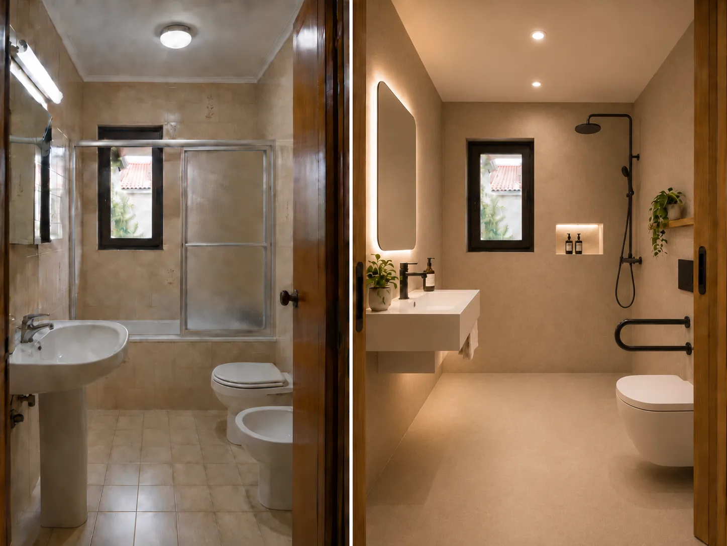 A la izquierda, baño antiguo con bañera y mampara de cristal corredera, lavabo con pie, bidé e inodoro y alicatado beige; a la derecha, el mismo baño reformado con ducha a ras de suelo sin escalón, grifería negra, barra de apoyo, lavabo suspendido, espejo retroiluminado y paredes en microcemento cálido.
