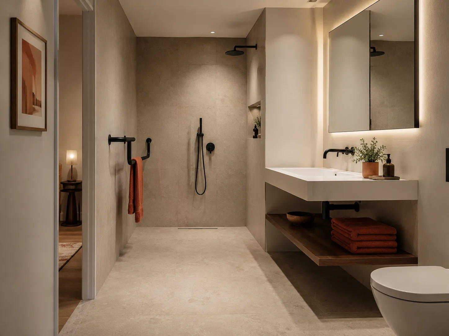 Baño alargado con ducha de obra a ras de suelo al fondo y grifería negra, una barra de apoyo negra con una toalla naranja colgada, lavabo blanco suspendido sobre un estante de madera con toallas e inodoro suspendido; suelo y paredes en tono piedra.