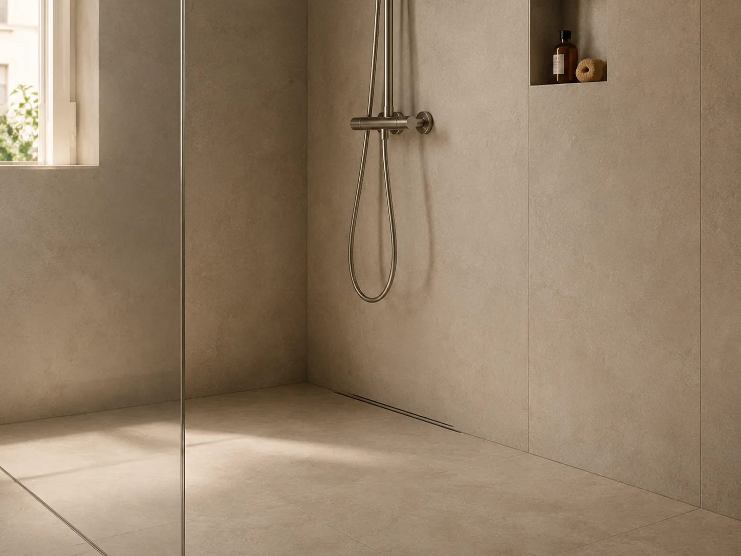 Ducha de obra enrasada con el suelo, sin escalón, con sumidero lineal pegado a la pared y grifería de acero; el mismo pavimento continúa dentro y fuera de la ducha, junto a una ventana.