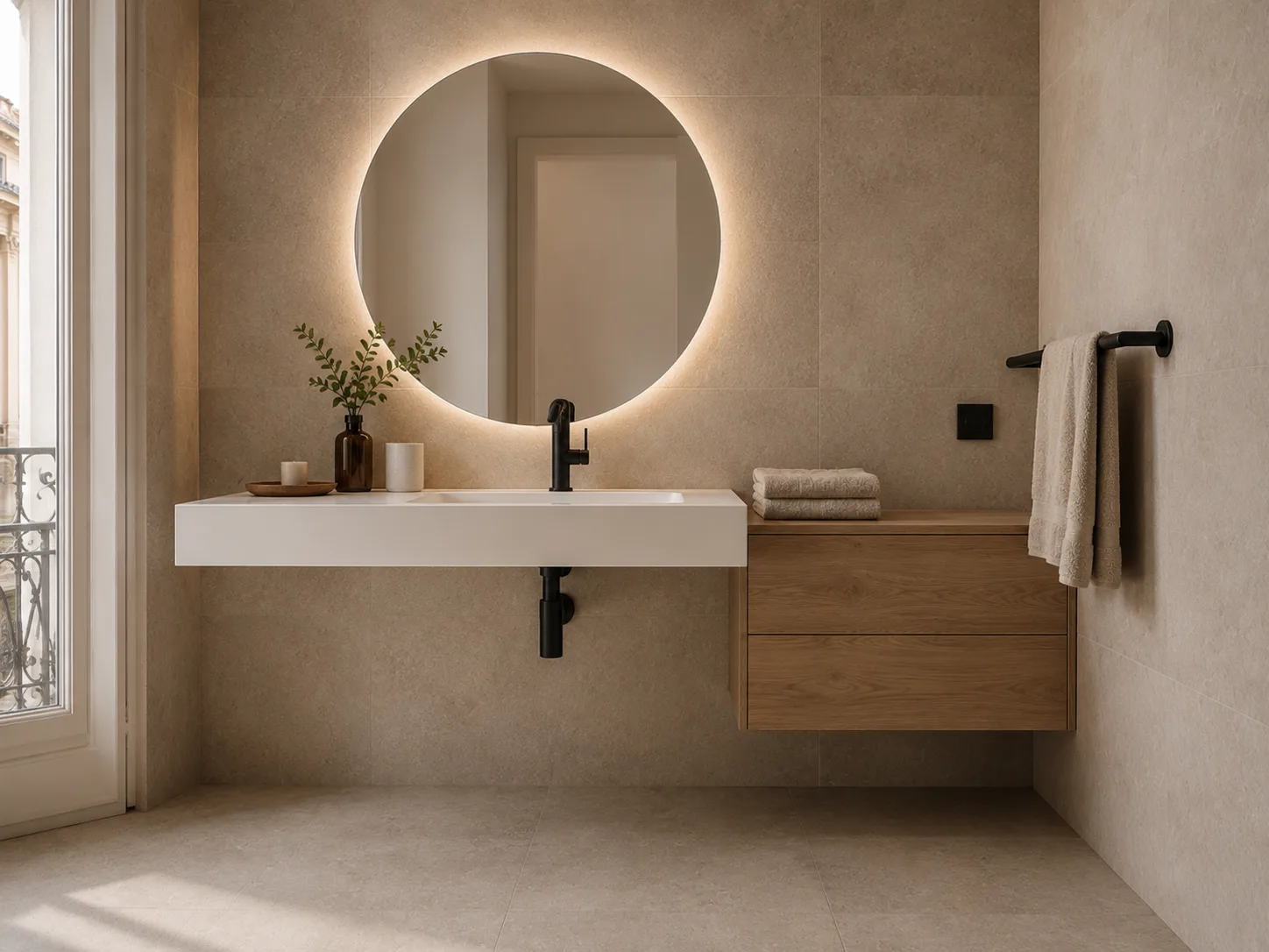 Lavabo blanco suspendido con hueco libre debajo, grifería negra empotrada en la pared y un gran espejo redondo retroiluminado; a la derecha, un mueble de madera con toallas y una ventana con balcón.