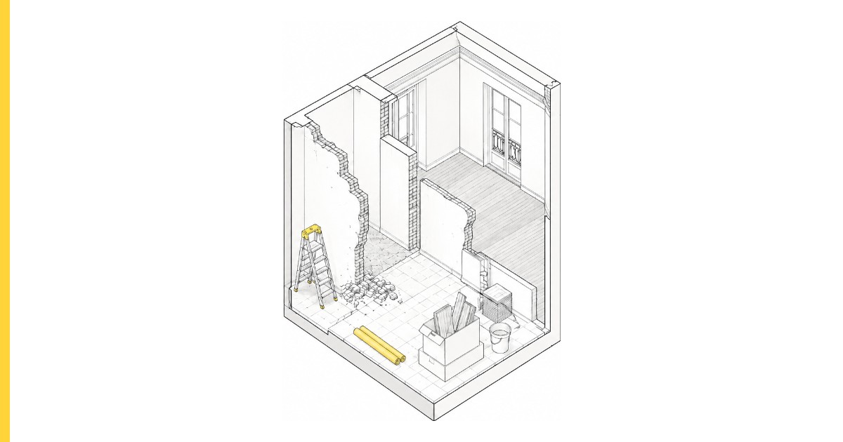 Dibujo isométrico de una habitación en obra vista desde arriba: un tabique de ladrillo a medio derribar con los cascotes en el suelo, una escalera de mano amarilla, un rollo de planos y una caja con material de obra.