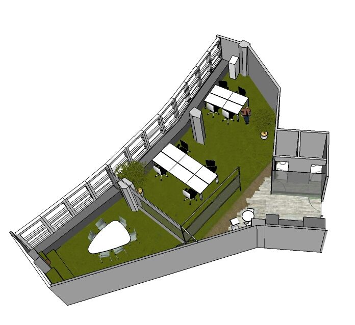 Modelo 3D de la propuesta de oficina para empresa tecnológica en Cuatro Caminos: zonas de trabajo junto a la fachada y sala de reuniones