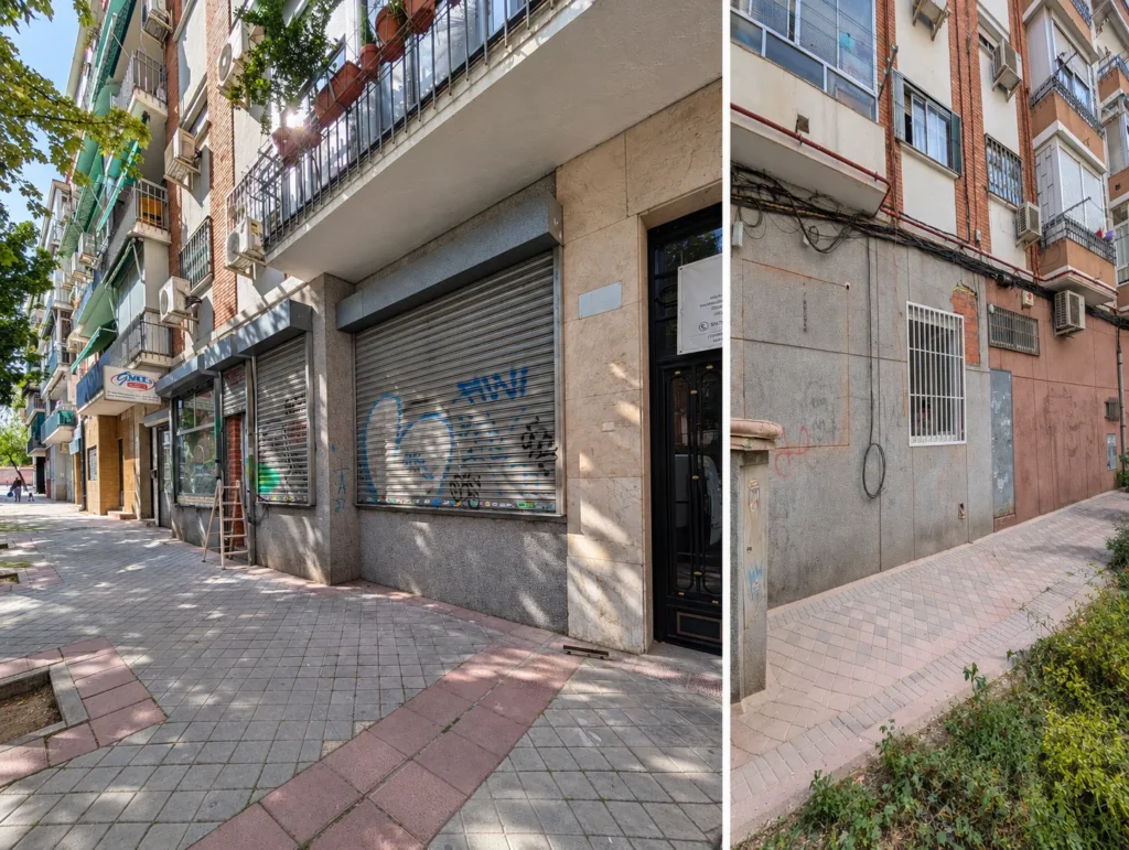 Fachada del local antes de la obra, con la persiana metálica bajada y pintadas, en una calle de edificios de ladrillo