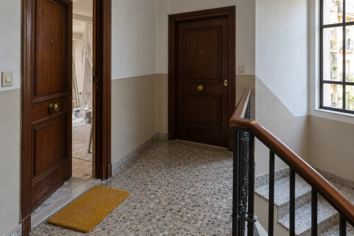 Rellano de un edificio de viviendas en Madrid con suelo de terrazo, una puerta entreabierta que deja ver una obra al fondo, la puerta del vecino cerrada enfrente y un felpudo amarillo