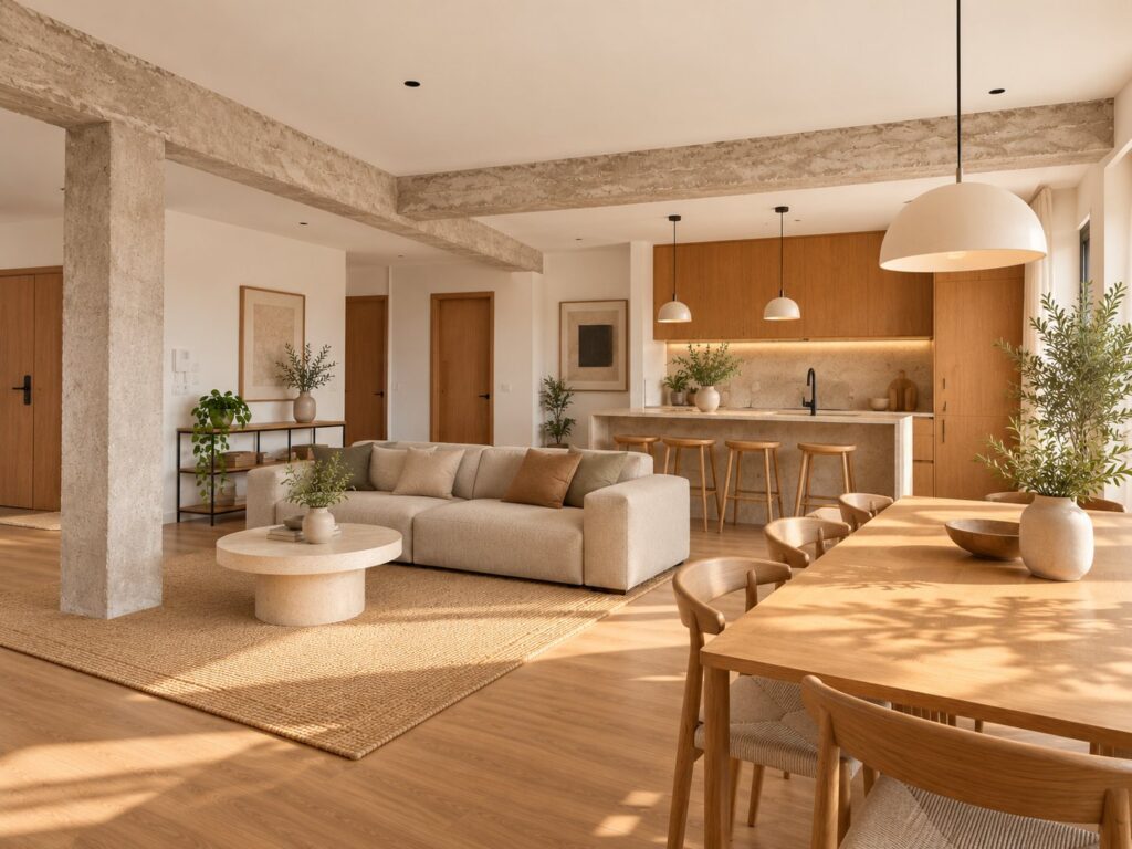 Cocina abierta al salón en un piso reformado (imagen ilustrativa generada con IA, no es la vivienda del caso)