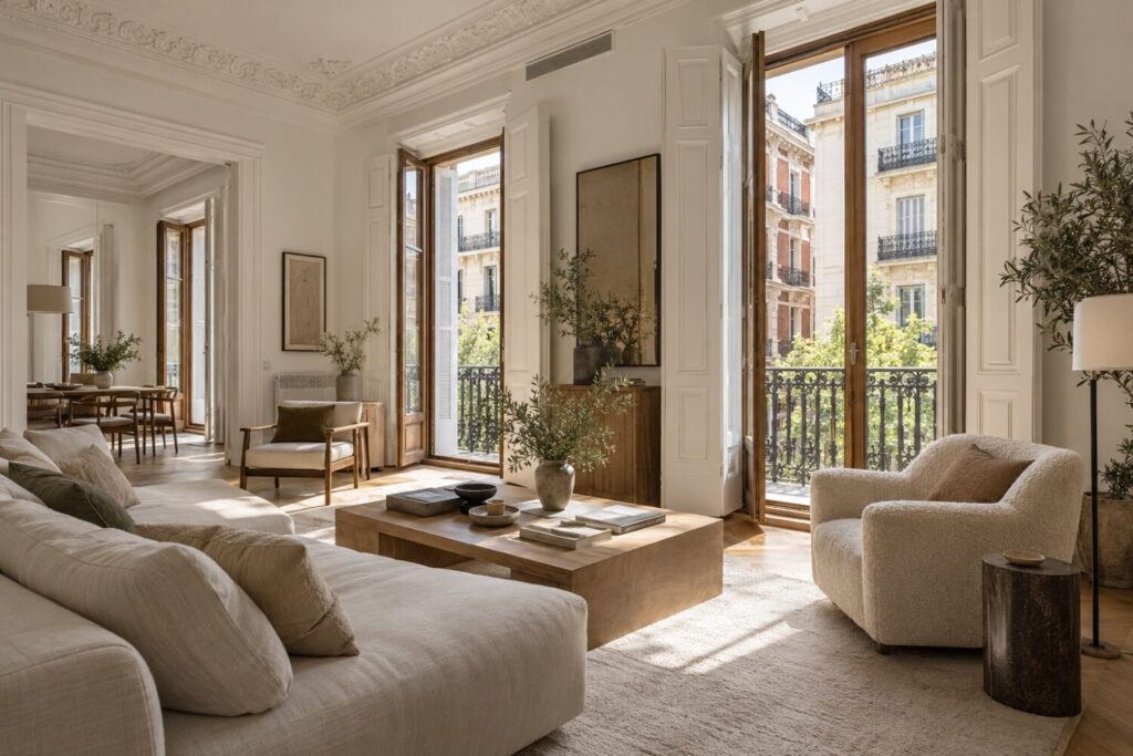 Salón de un piso reformado en un edificio protegido del Centro Histórico de Madrid (imagen ilustrativa generada con IA, no es la vivienda del caso)