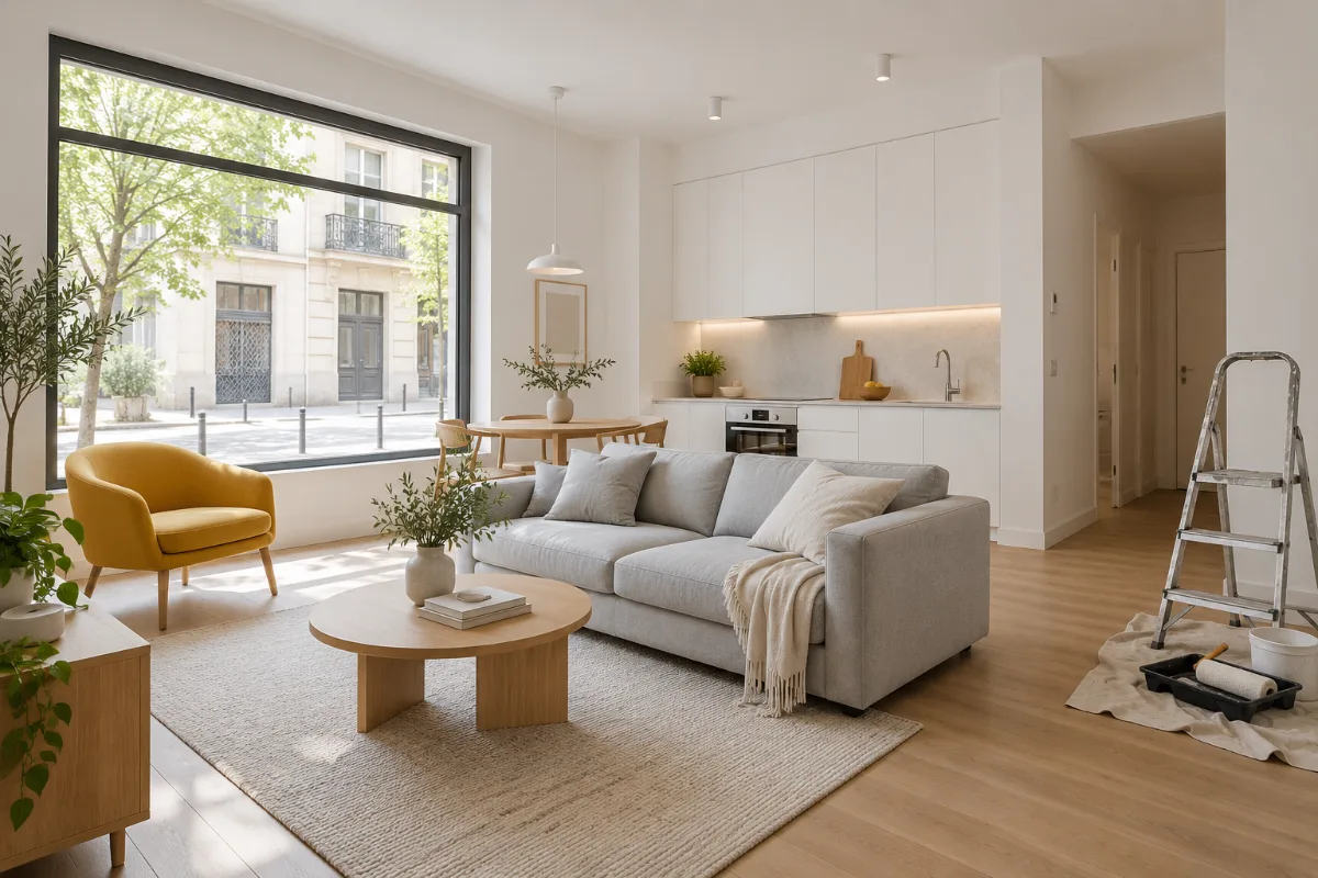 Vivienda recién reformada en un antiguo local, con un gran ventanal a la calle, salón con sofá gris y butaca amarilla, cocina abierta y una escalera de pintor con material de obra en una esquina