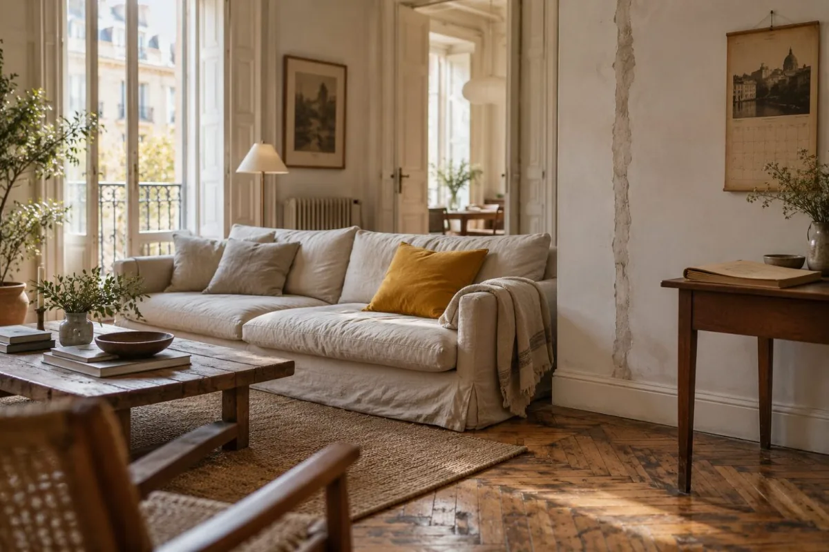 Salón de un piso antiguo de Madrid con suelo de madera en espiga, sofá claro con cojín amarillo, balcón al fondo y una junta reparada en la pared donde se quitó un tabique