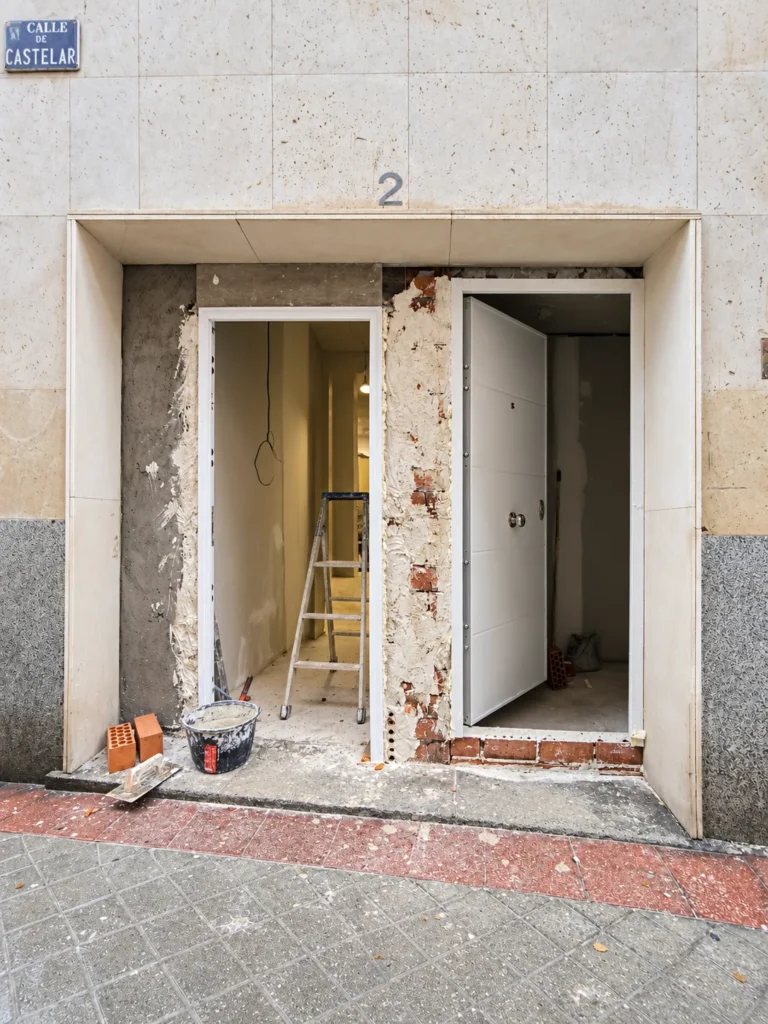 Acceso a una de las viviendas en obra, con el marco de la puerta sin terminar y material de construcción en el suelo