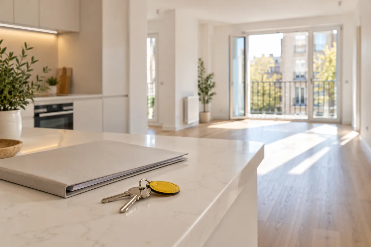 Llaves con un llavero amarillo y una carpeta cerrada sobre la encimera blanca de una cocina, con un salón vacío y luminoso al fondo