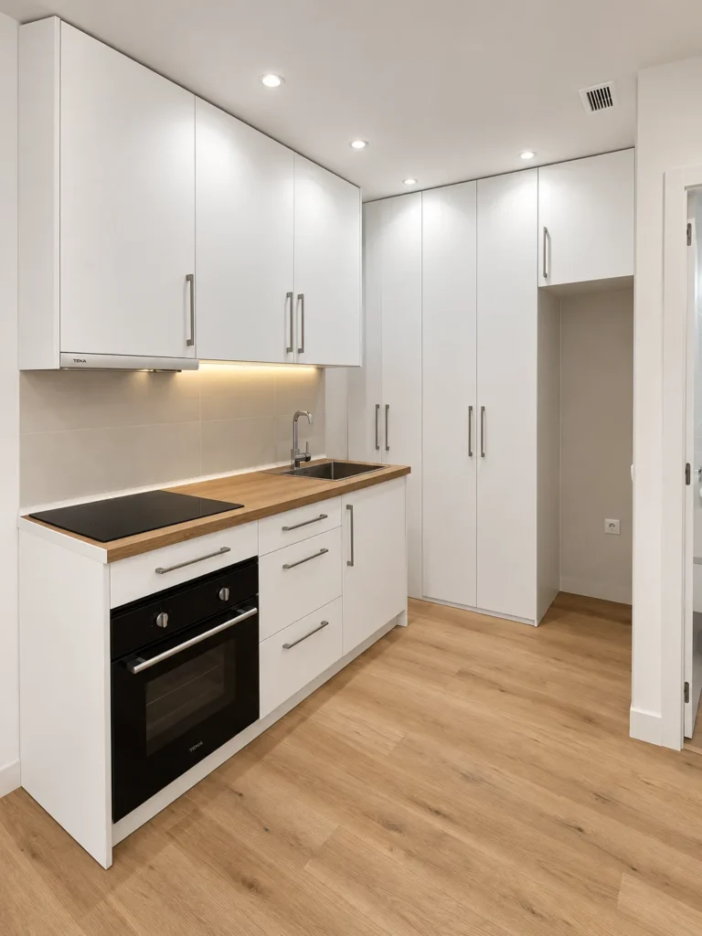 Cocina blanca con horno empotrado, encimera de madera y armarios hasta el techo