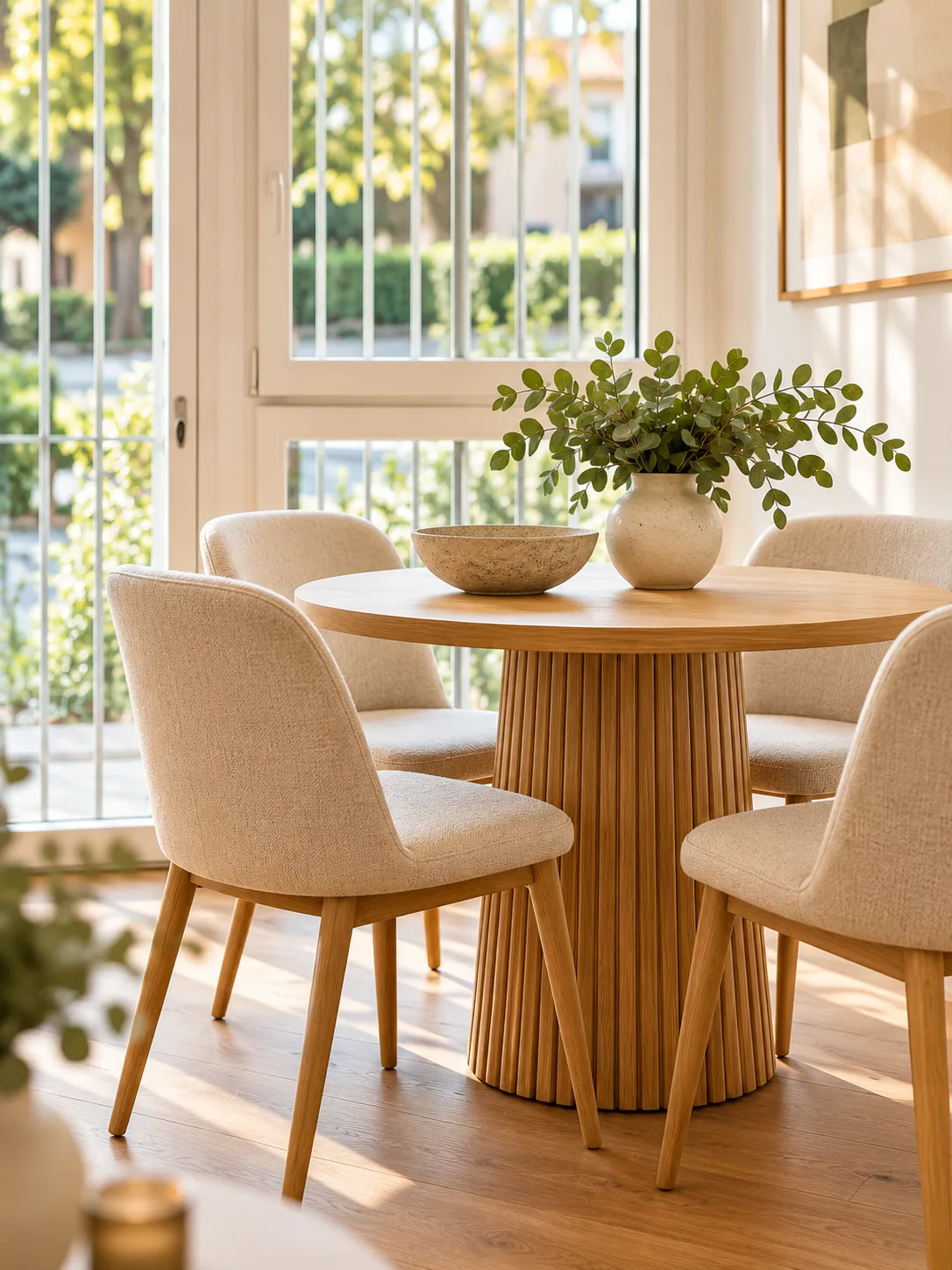 Comedor con mesa redonda de madera y sillas tapizadas junto a una ventana grande