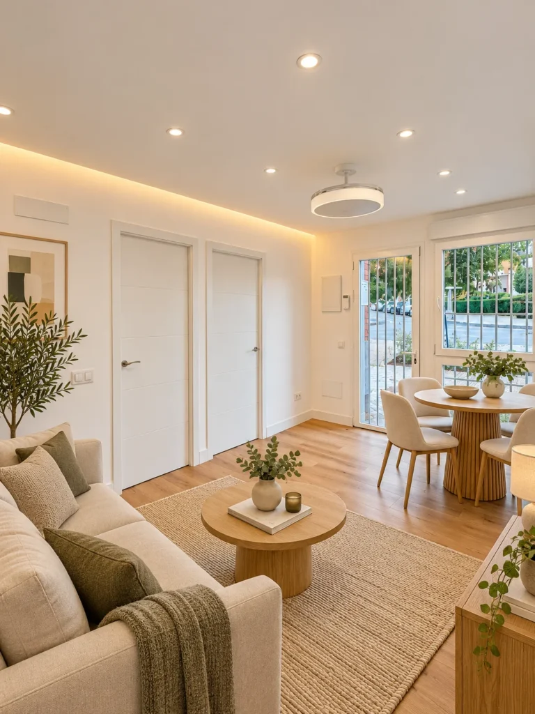 Salón con sofá claro, mesa de centro redonda y comedor junto a la ventana